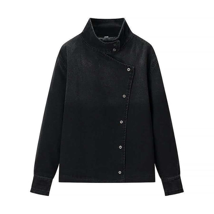 Veste en denim moderne pour femmes avec col asymétrique et boutons-pression pratiques Chic & Stil
