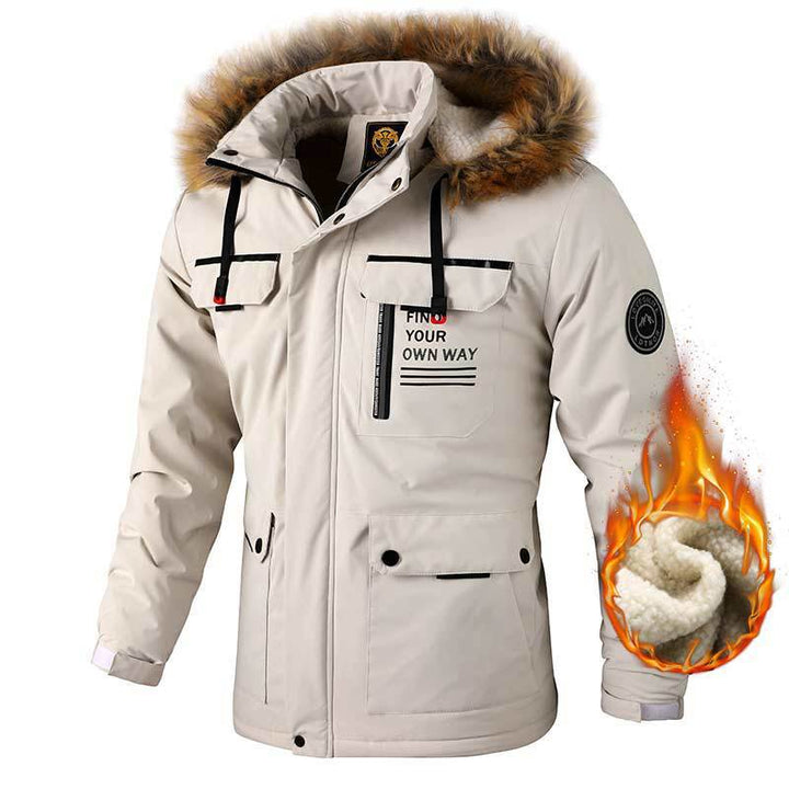Insulated winter jacket for men with faux fur collar heating Lune London
