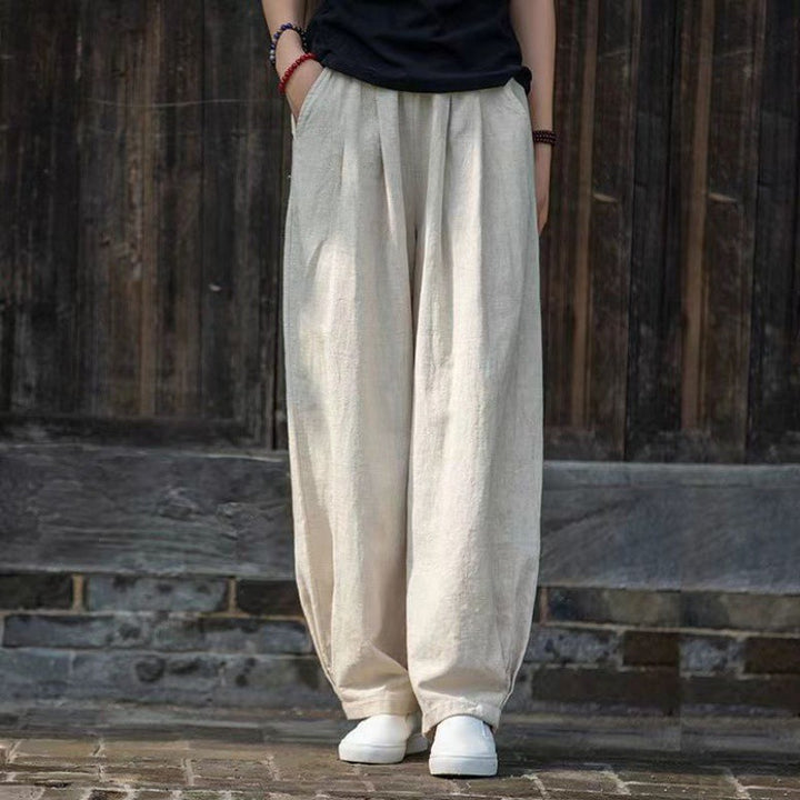 Wide linen pants for ladies with elastic waistband and side pockets Lune London