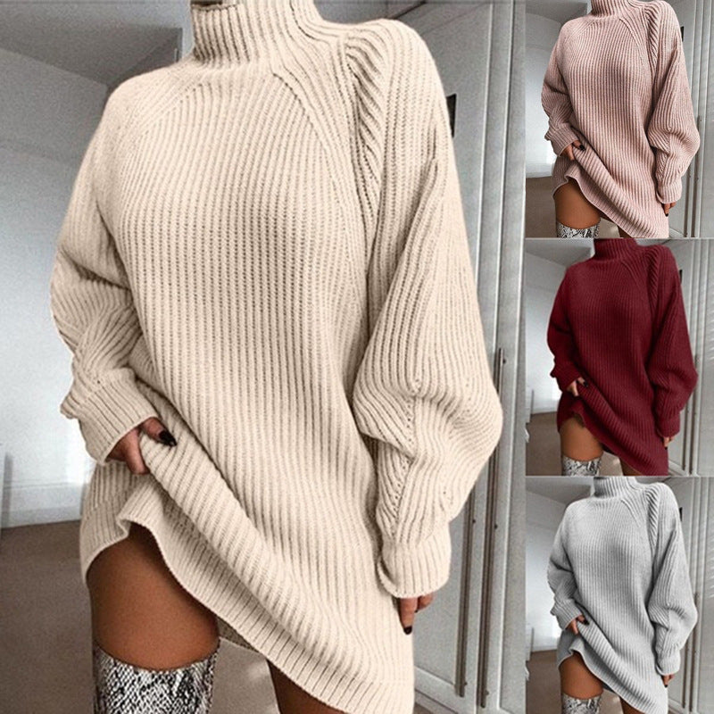 Chunky knit sweater for women with high turtleneck and side slit Lune Londonl