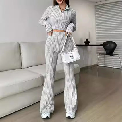 Modern knit set for ladies with cropped top and wide pants Lune London