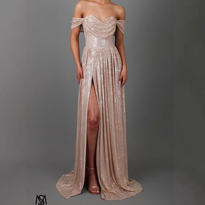 Women Glittering and Strapless Evening Dress with Deep Slit