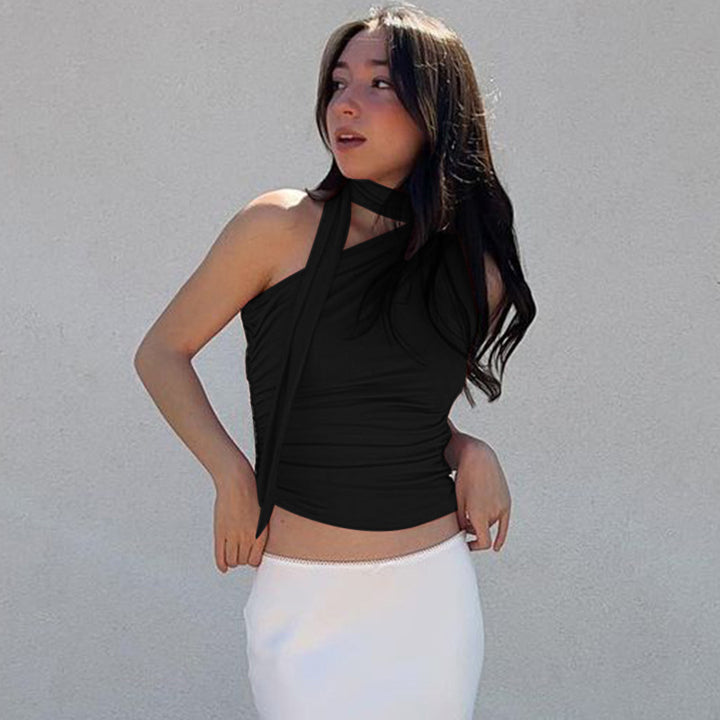 Women asymmetric gathered halter top Lune London