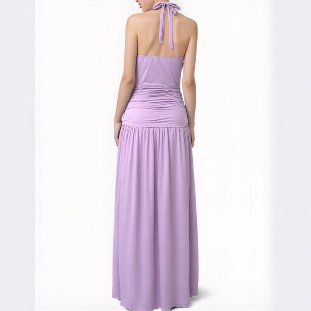 Women Elegant Neck Seam Maxi Dress with Side Slit Lune London