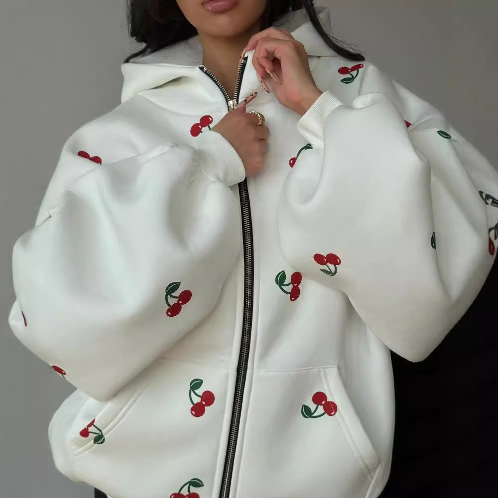 Hooded jacket for women with a unique cherry design and an oversized fit Lune London