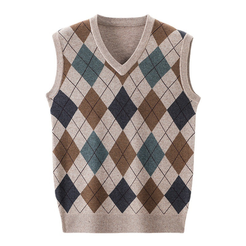 Men's V-Neck Knitted Sweater with Diamond Pattern Lune London