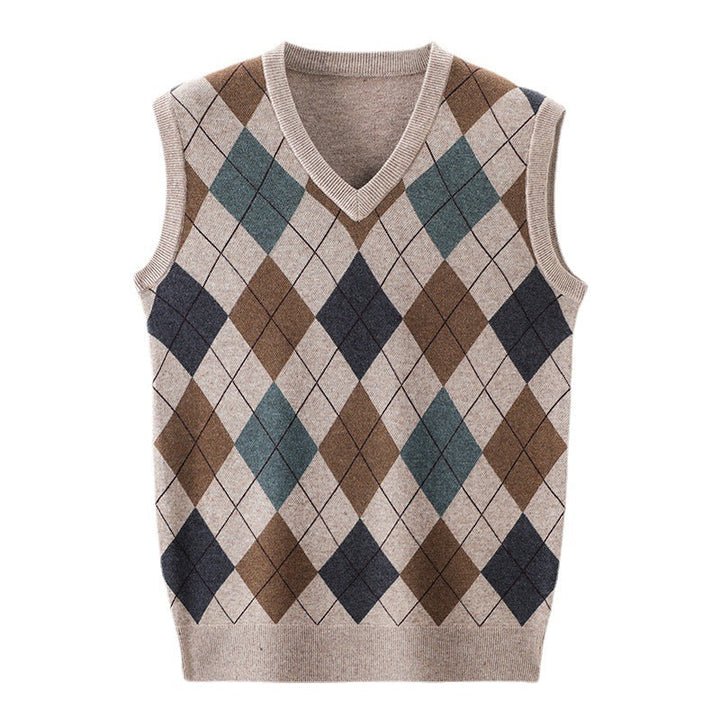 Men's V-Neck Knitted Sweater with Diamond Pattern Lune London