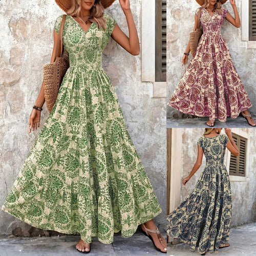 Maxi flower dress for women with V-neck and ruffled hem Lune London