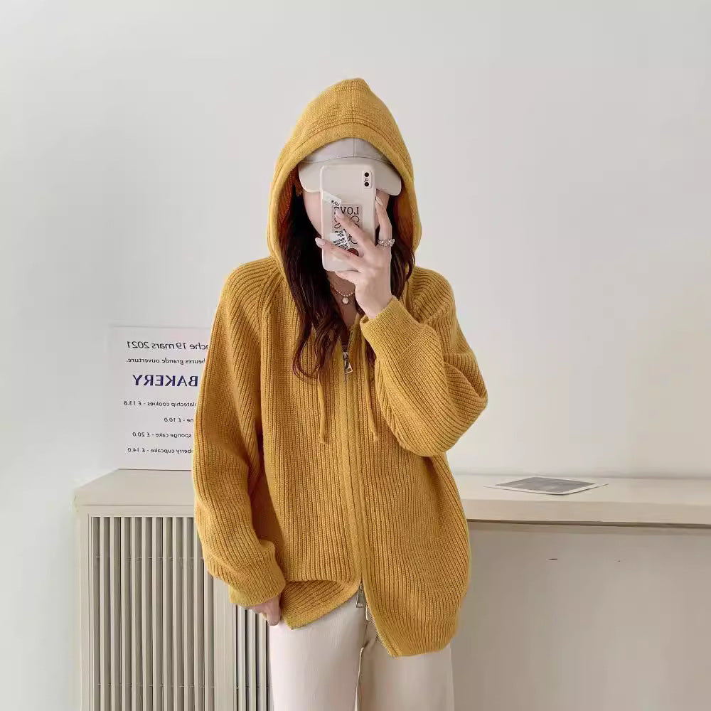 Ladies comfortable knit hoodie with full zip and drawstring Lune London