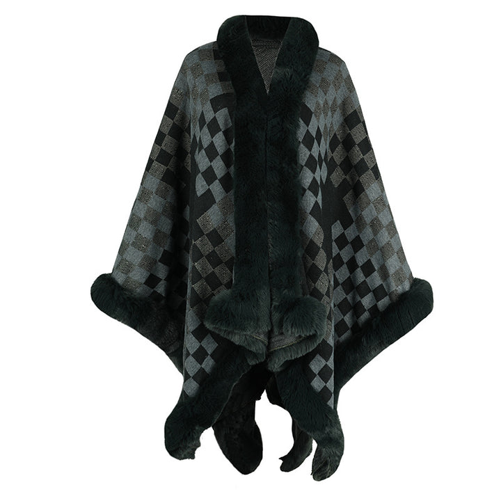 Elegant knitted poncho for women with luxurious faux fur insert and geometric pattern Lune London