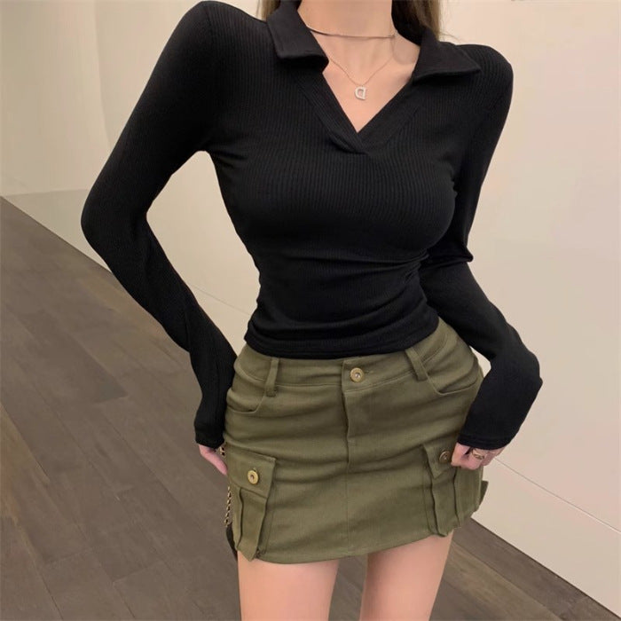Women’s long-sleeve shirt with elegant V-neck and rib structure Chic & Stil