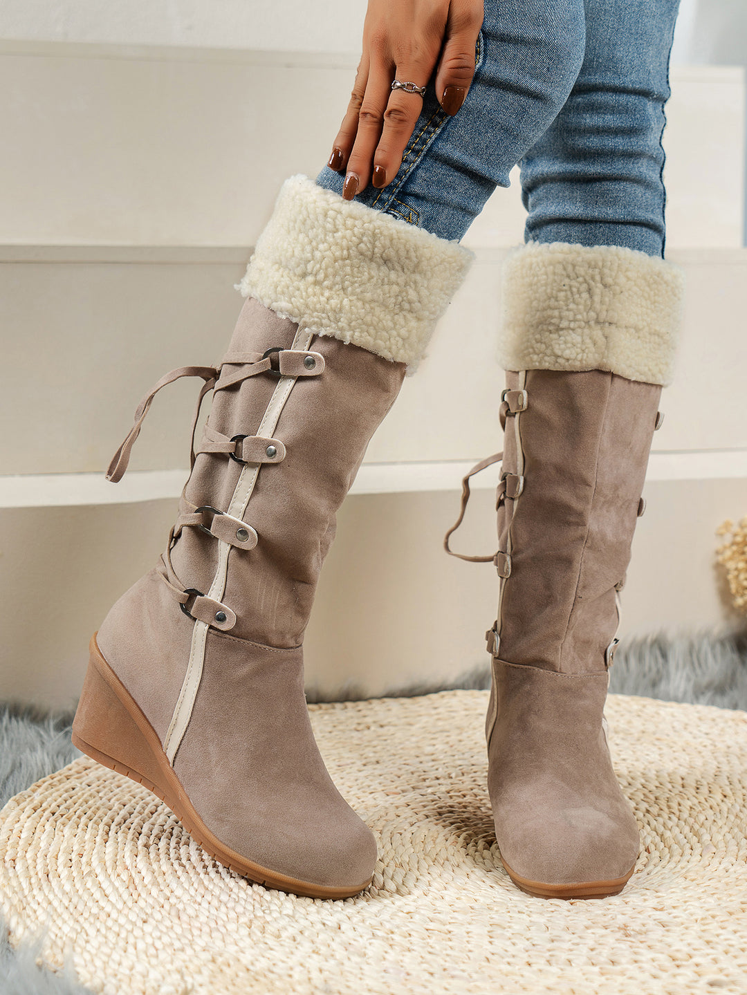 Wedge heel boots for women with cozy inner lining and stylish lace-up design Lune London