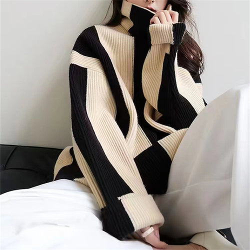 Oversized knit dress for ladies with high collar and graphic pattern Lune London