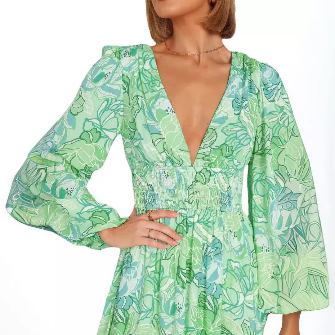 Floral print summer dress for women with deep V-neck and puff sleeves Lune London