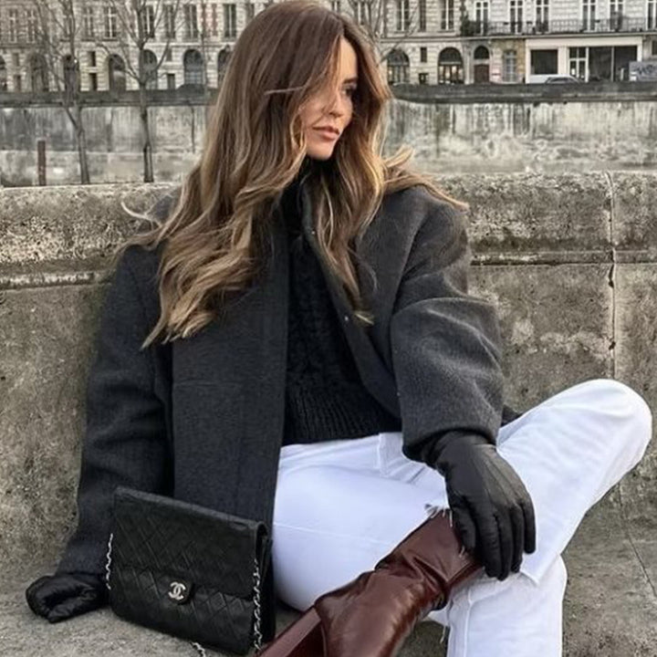 Oversized knit jacket for women in soft teddy fabric with a high collar and side pockets Lune London