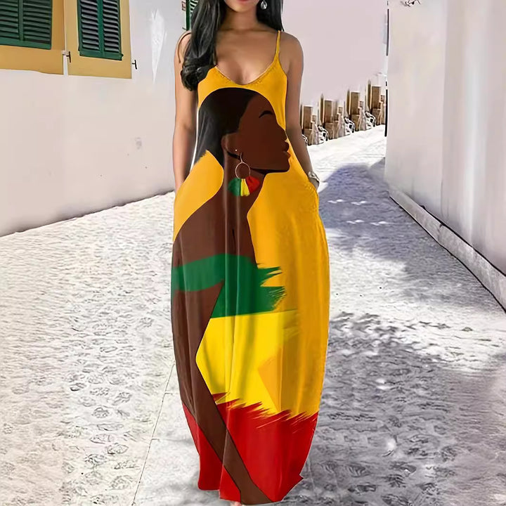 Maxi dress for women with modern ethnic print and practical side pockets Lune London