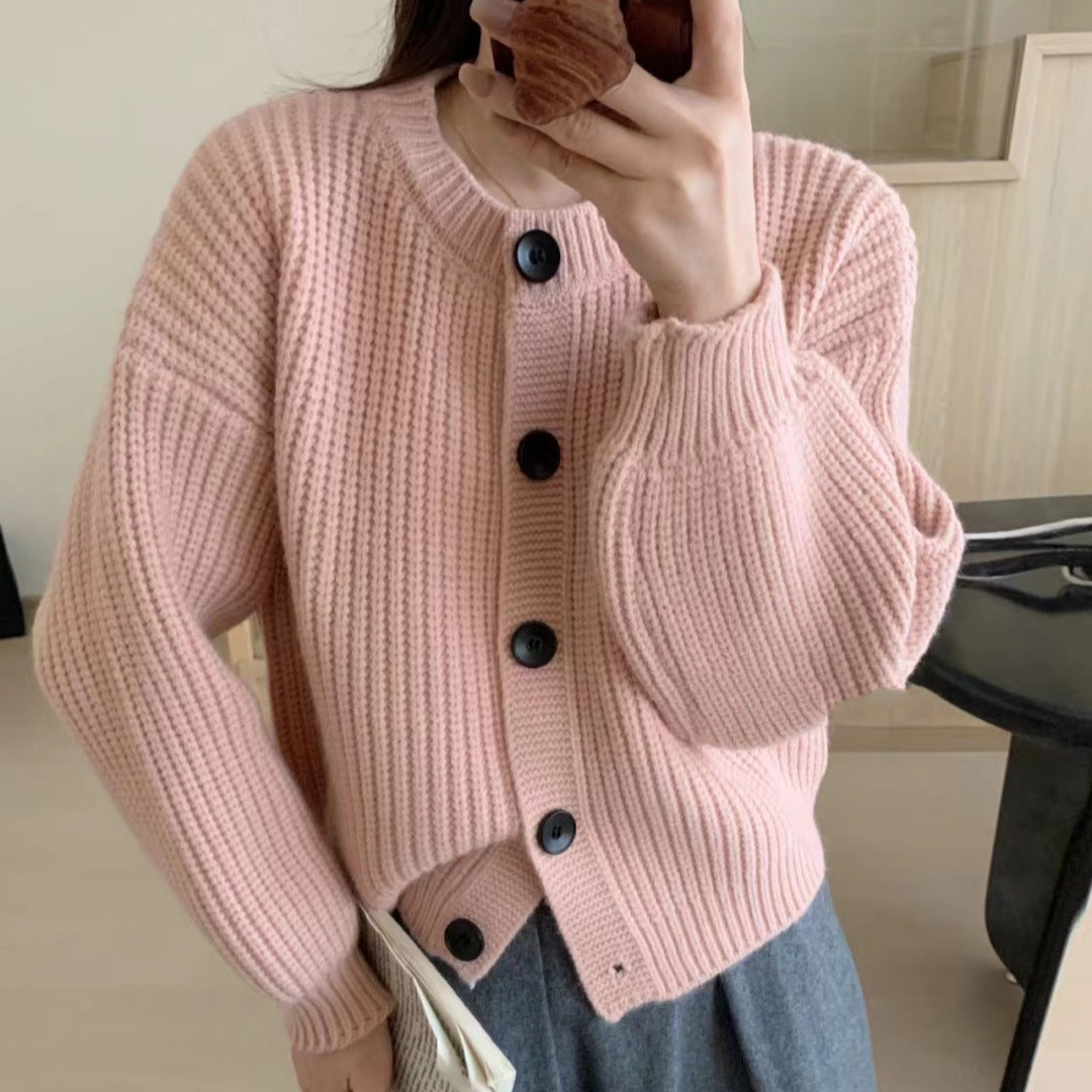 Buttoned design knit jacket for women with puff sleeves Lune London
