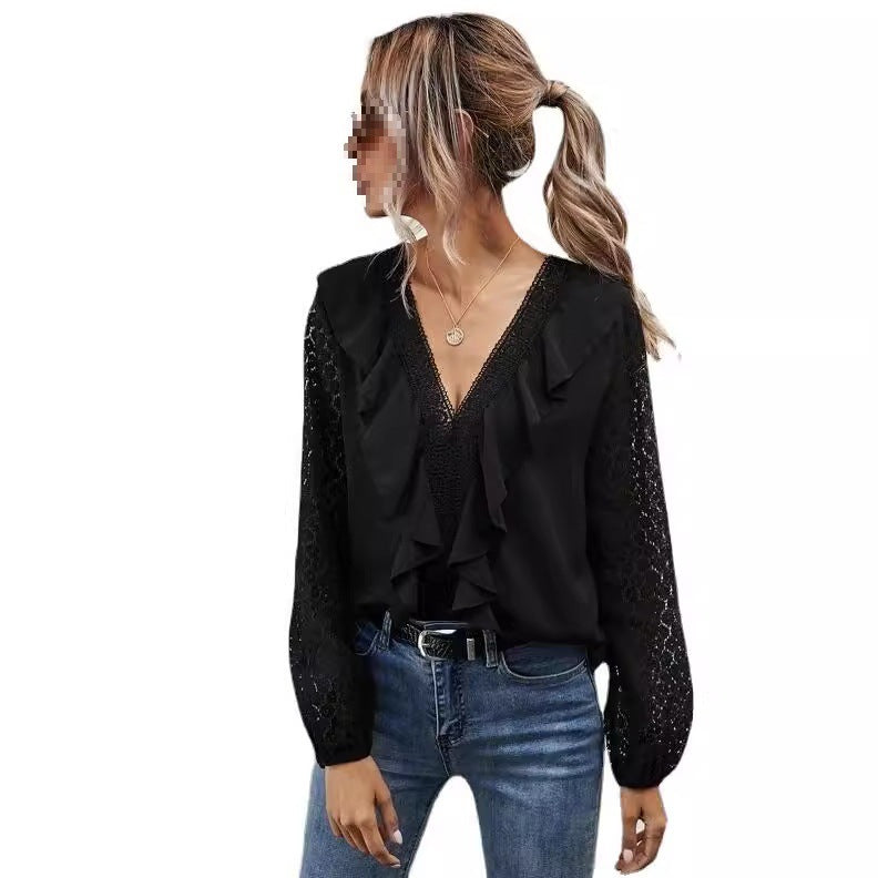 Ruffled blouse for women with transparent sleeves and delicate lace accents Lune London
