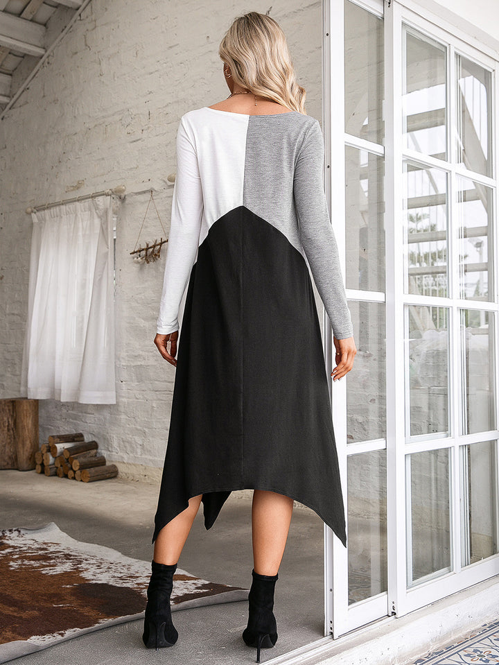 Wrapped dress with long sleeves for women featuring an asymmetrical hem and V-neck Lune London