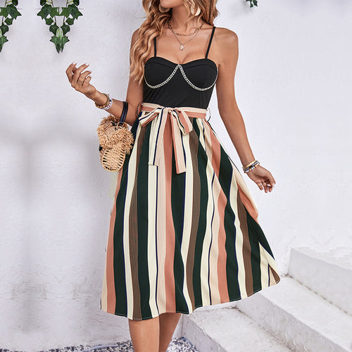 A-line striped dress for women with chain detail and bow belt Lune London
