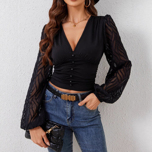 Shirt for women with elegant transparent sleeves and chic button-embellished details