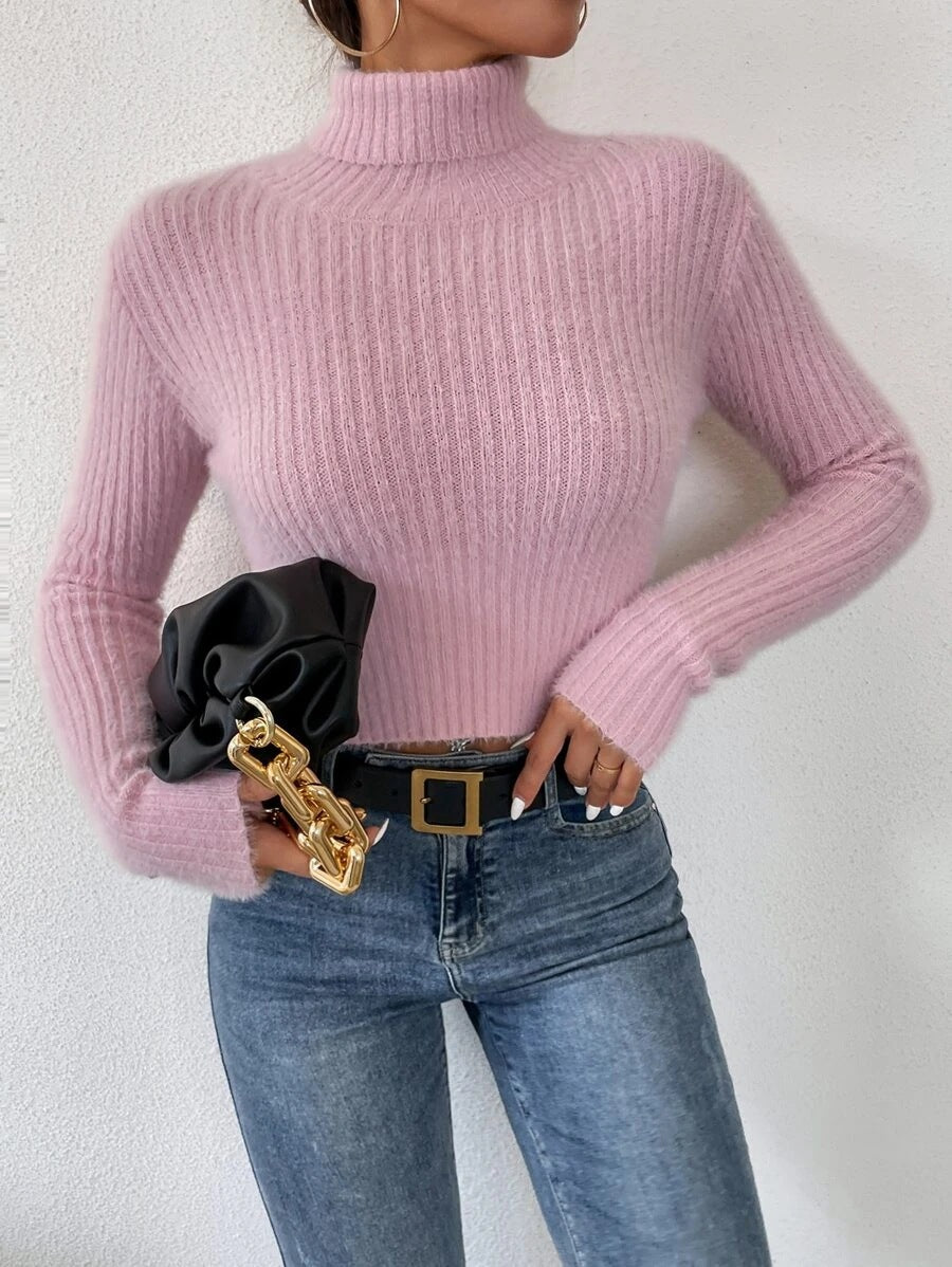 Ladies fine knit sweater with high collar and modern ribbed design Lune London