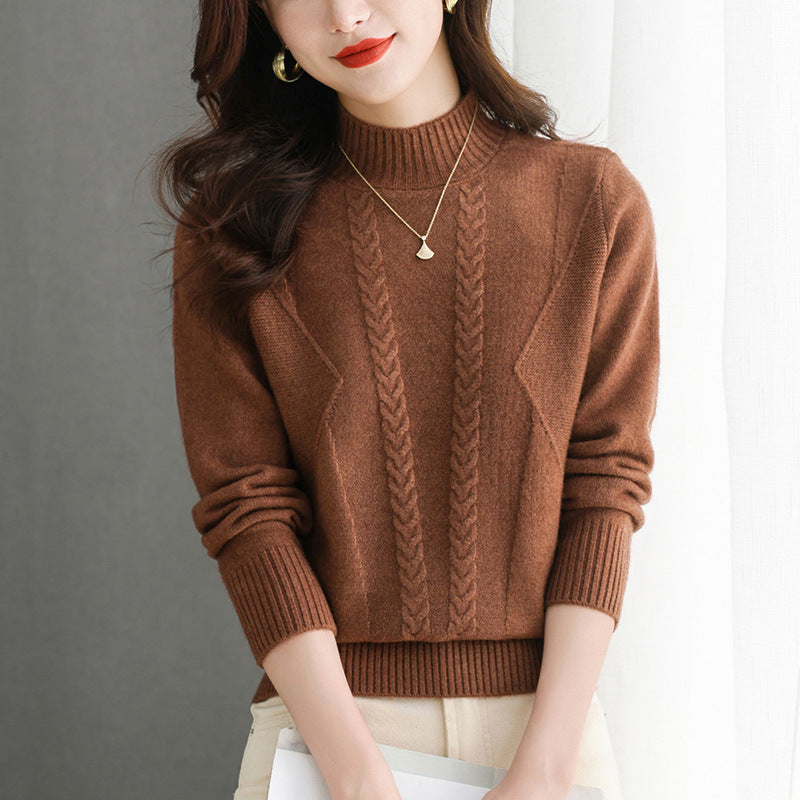 Pull femme en gros tricot avec un élégant motif torsadé et un col haut Lune London