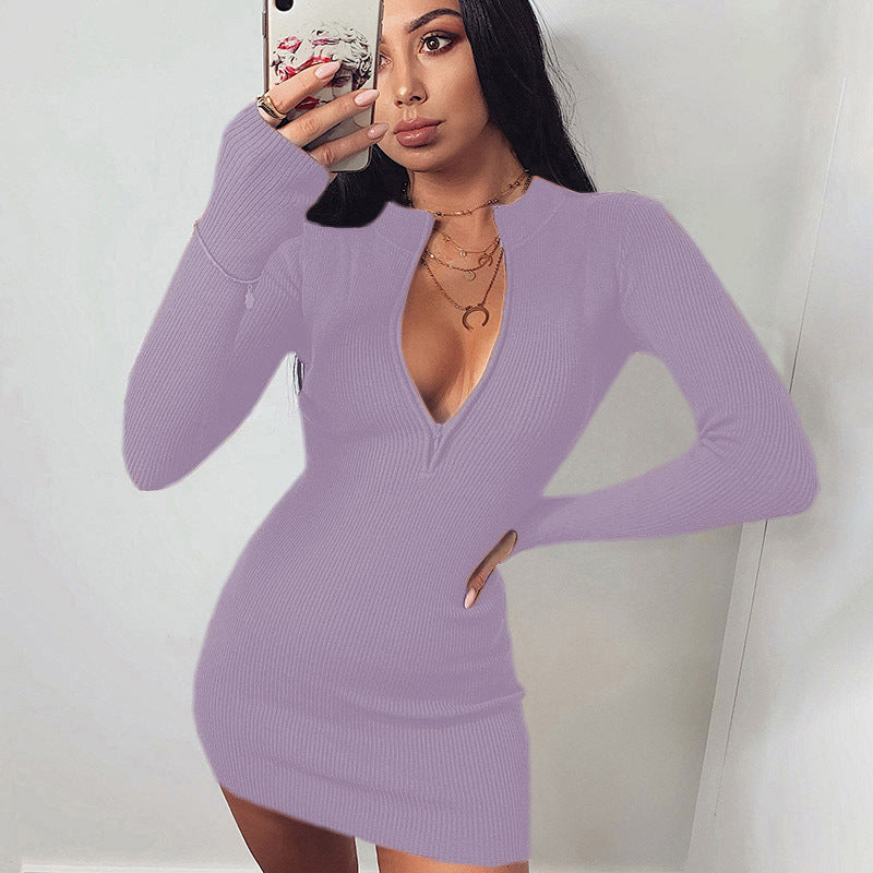 Knit dress for women with deep V neckline and long sleeves Lune London