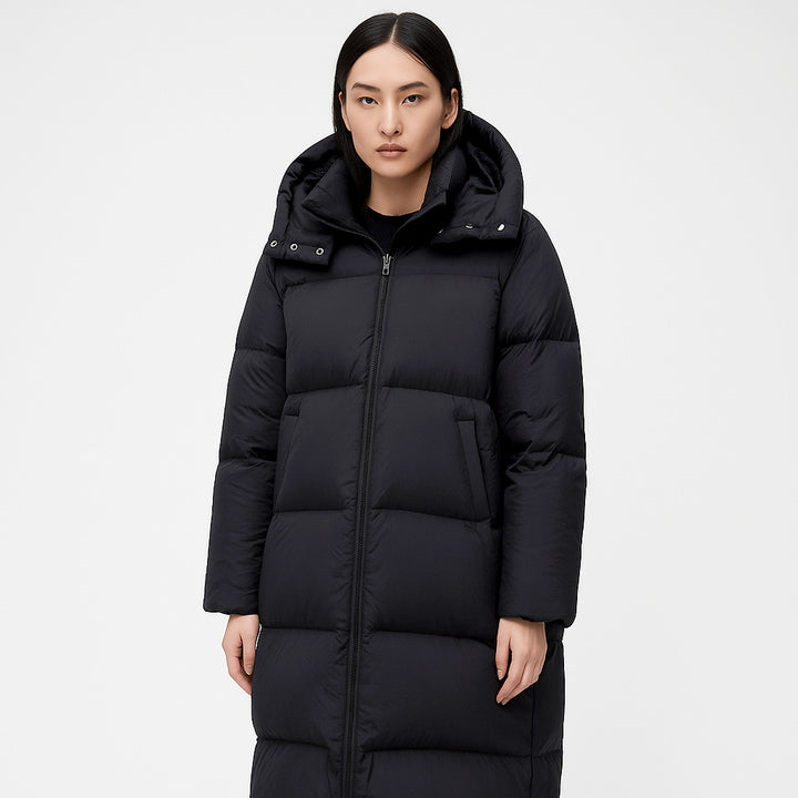 Ladies Long and Bulky Down Coat with Removable Hood and Side Pockets Lune London