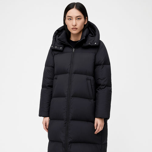 Ladies Long and Bulky Down Coat with Removable Hood and Side Pockets Lune London