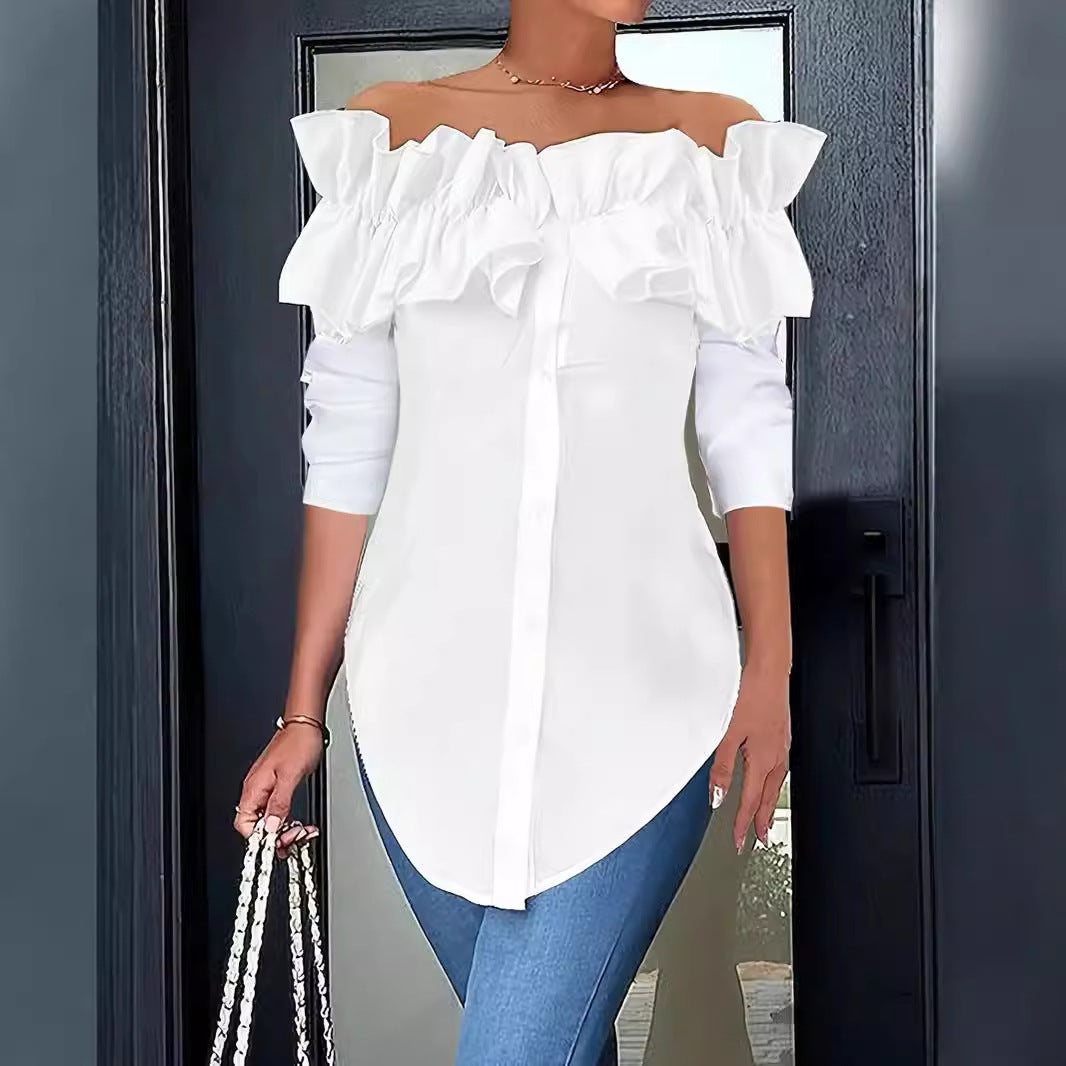 Women's off-shoulder blouse with ruffles and button placket Lune London