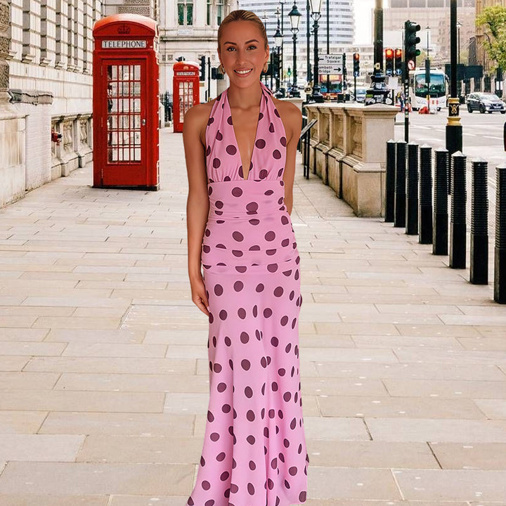 Maxi dress for women with a refined cascade neckline and chic polka dots