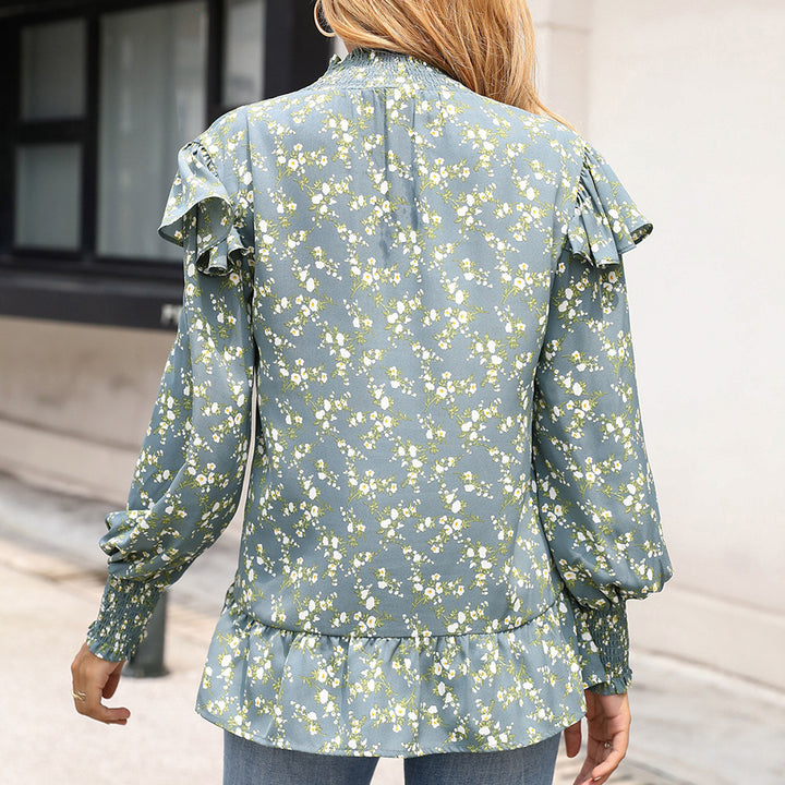 Elegant blouse for women with ruffle detail and high collar Lune London