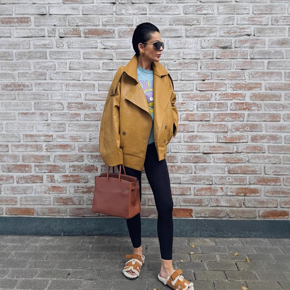 Oversized faux leather jacket for women with double-breasted buttons and trendy cut Lune London