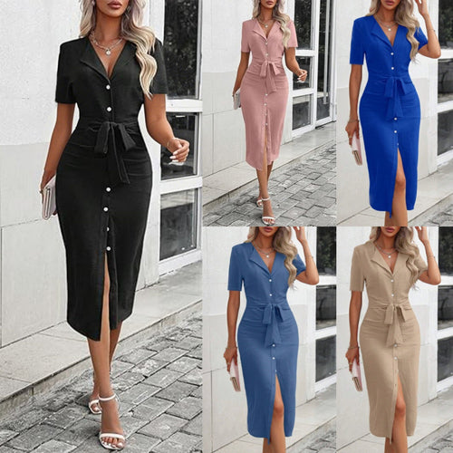 Elegant midi dress for women with button details and belt at the waist Lune London