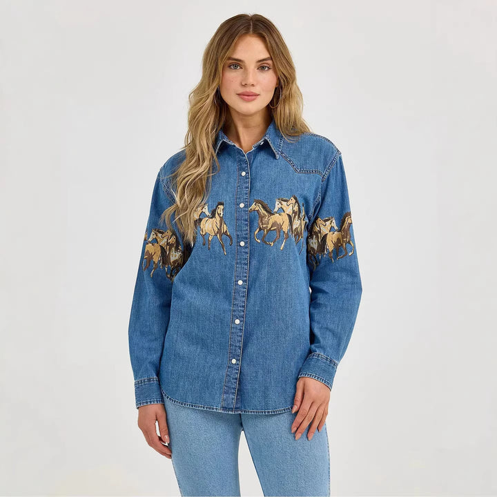 Ladies' denim shirt with creative horse design and high-quality cotton blend Lune London