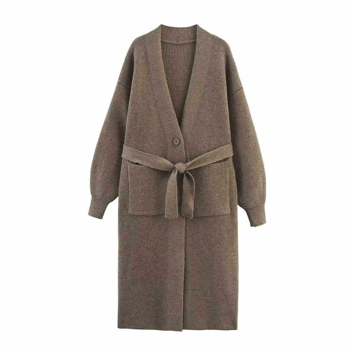 Ladies long knitted cardigan with waist belt Lune London
