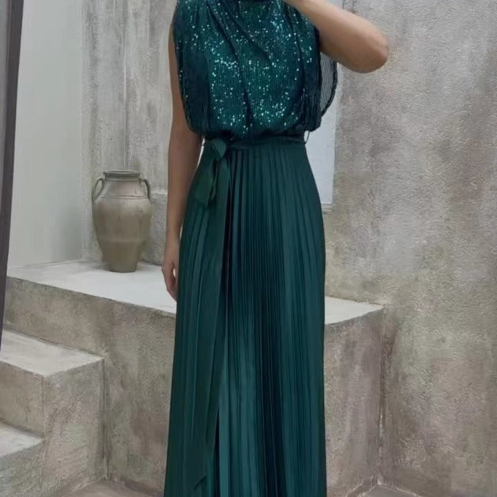 Women's maxi dress with glittering top and elegant waistline Lune London