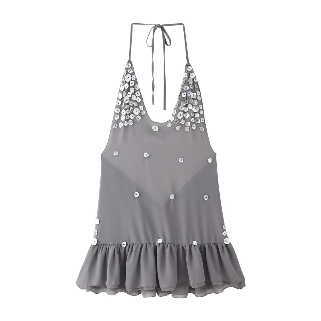 Women's summer sleeveless top with sparkling sequins and ruffle hem Lune London