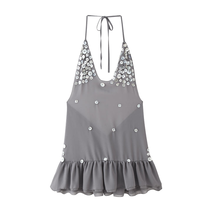 Women's summer sleeveless top with sparkling sequins and ruffle hem Lune London