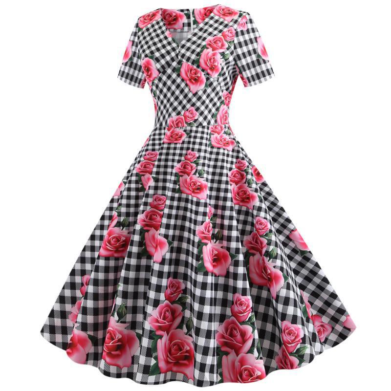 Robe Rockabilly Femme avec Motif Floral à Carreaux Chic & Stil