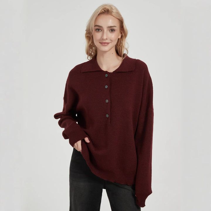 Ladies oversized knit sweater with elegant collar and button details Lune London