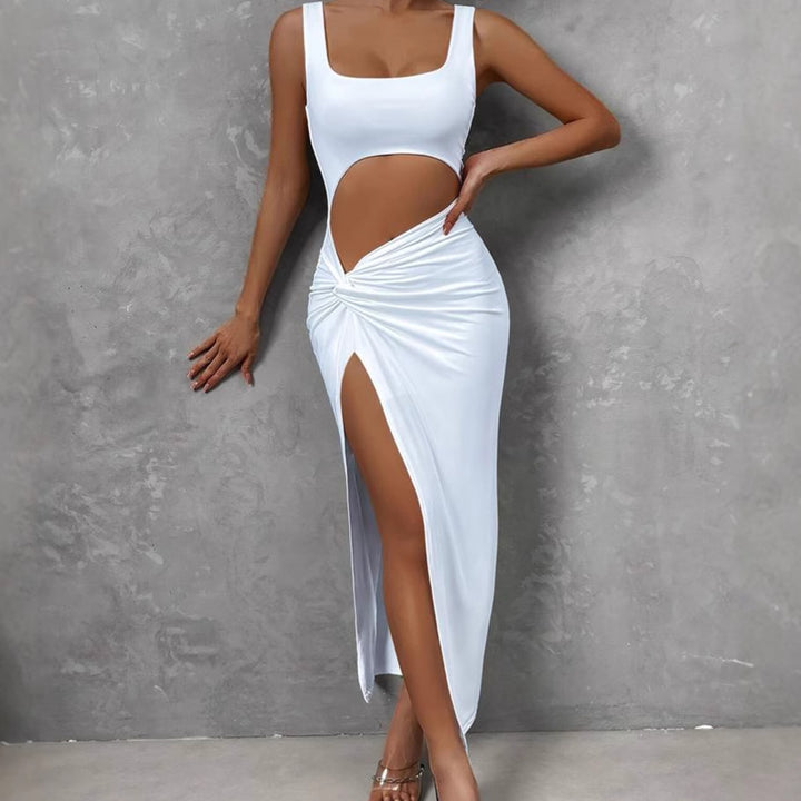 Maxi fitted dress for women with cutouts, high slit and ruffled detail Lune London
