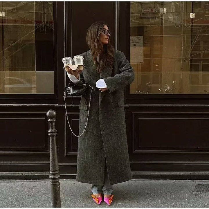Women elegant long striped blazer with double-breasted buttons and side pockets Lune London