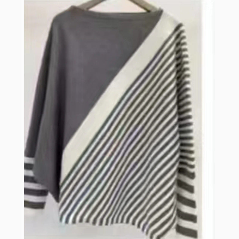 Fashionable knitted sweater for women with asymmetrical cut and graphic striped pattern Lune London