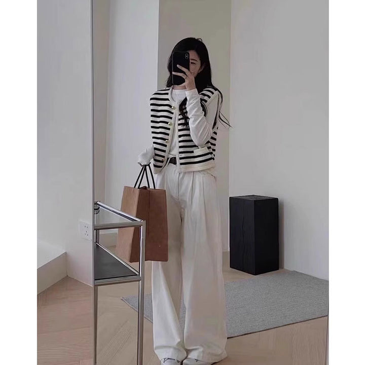 Striped contrast knit vest for women with golden buttons Lune London
