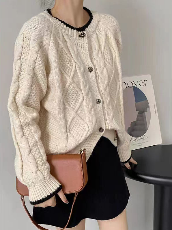 Thick knit women’s jacket with cable pattern and decorative buttons Lune London