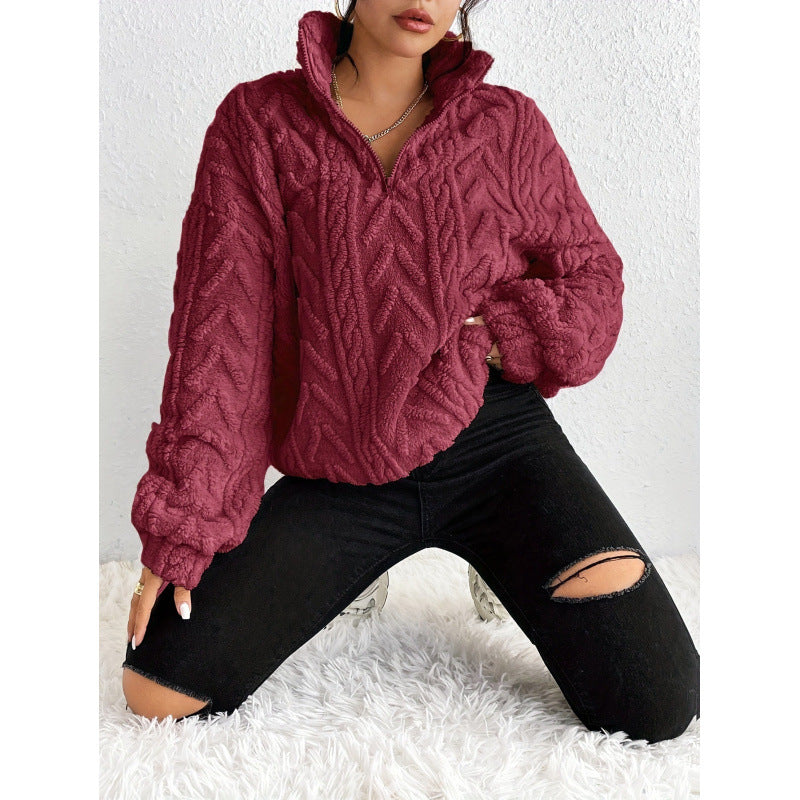 Ladies Trendy Polyester Sweater with High Collar and Lune London Texture