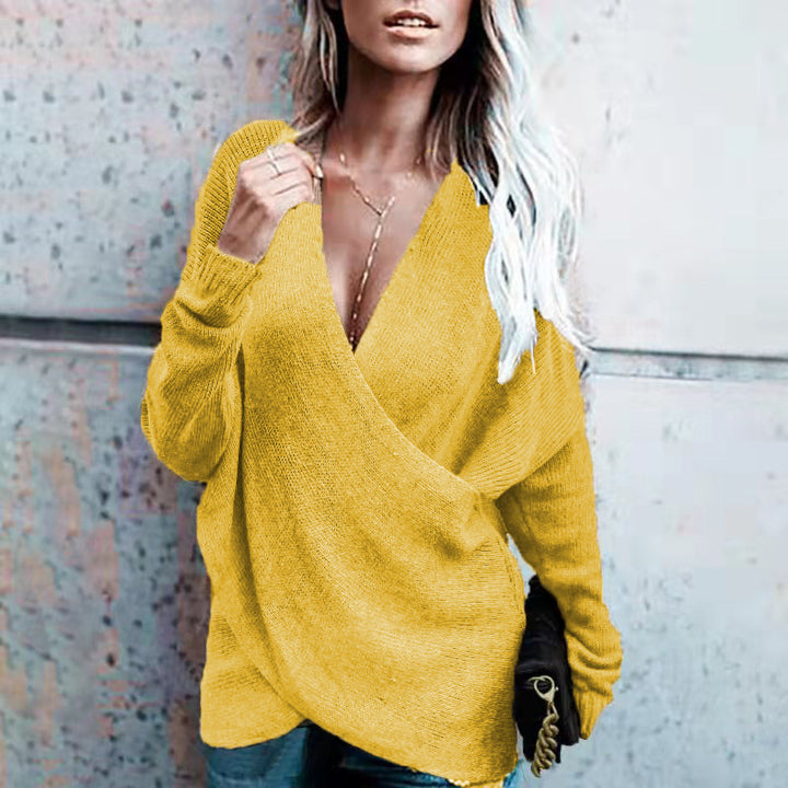 Ladies elegant wrap pullover with soft knit and deep V-neck Lune London