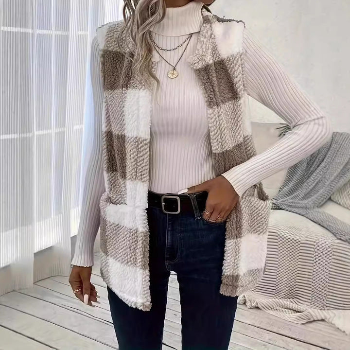 Lune London | Ladies Fluffy Vest with Check Pattern and Pockets